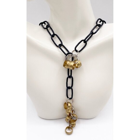 Statement Goth Y Necklace Black Chain Brass Rings Modern Industrial Mixed Metal - Picture 1 of 4